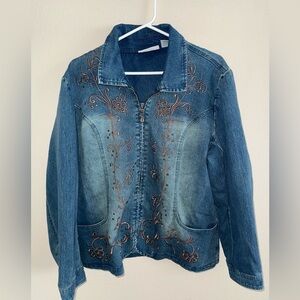 Tantrums Blazer Style Embroidered Zip Up‎ Jean Jacket w/ Gold Studs Size XXL